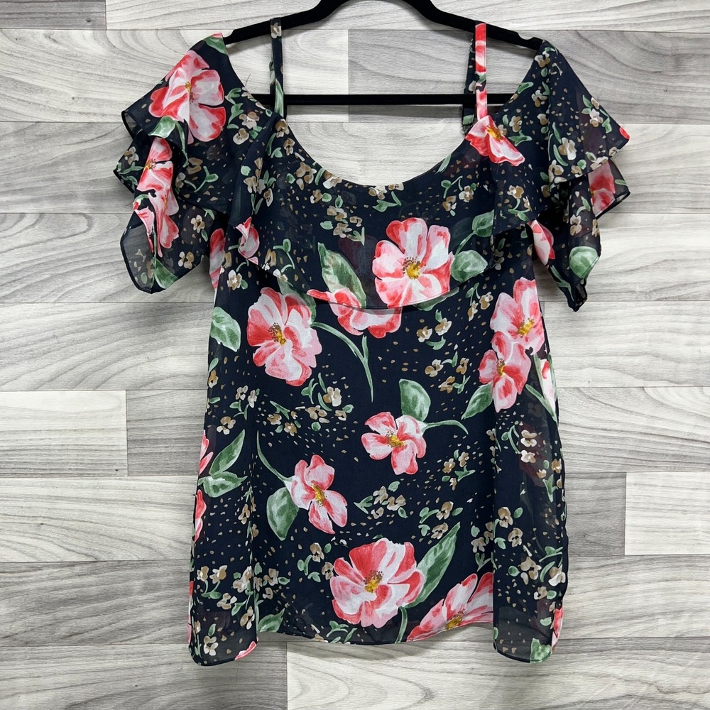 CAbi Top Tunic Women's S Navy Blue Floral Lined Cold Shoulder Adjustable Strap - Picture 1 of 12